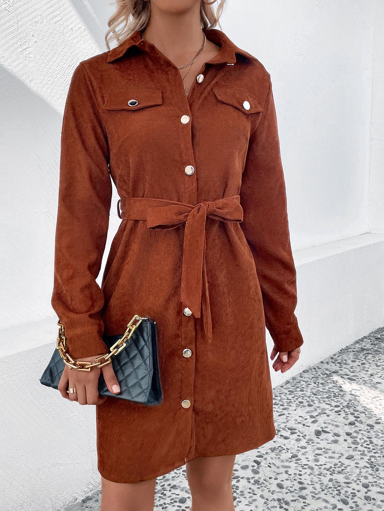 

Европейское и американское женское вельветовое платье с лацканами и поясом - Весенне-осенняя коллекция моды Medium каштановый