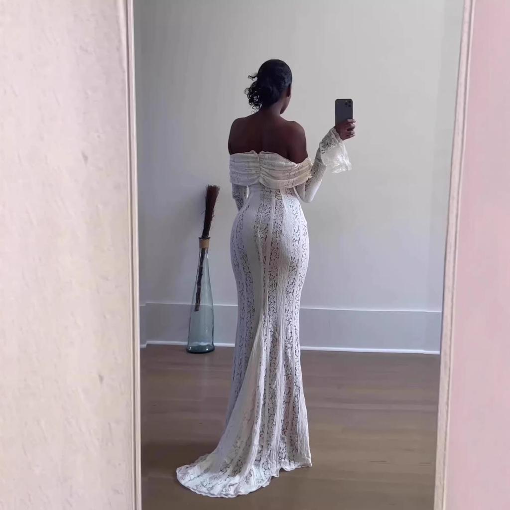 Elegant Fairy-Style One-Shoulder Lace Dress, French-Inspired Strapless Waist-Cinching Long Gown for Women