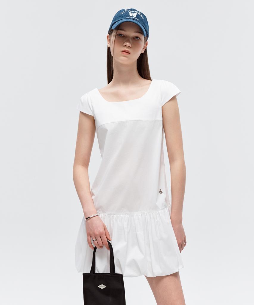 City Breeze Square Neck Balloon Mini Dress_White