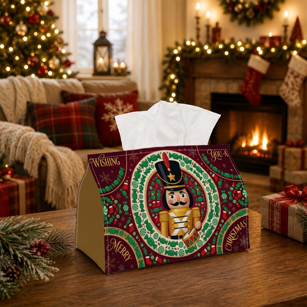 1pc Traditional Classic Holiday Tissue Box - Multi-Functional Napkin Box, Available in Durable Polyester, Decorated with Nutcracker Portrait Wreath, S
