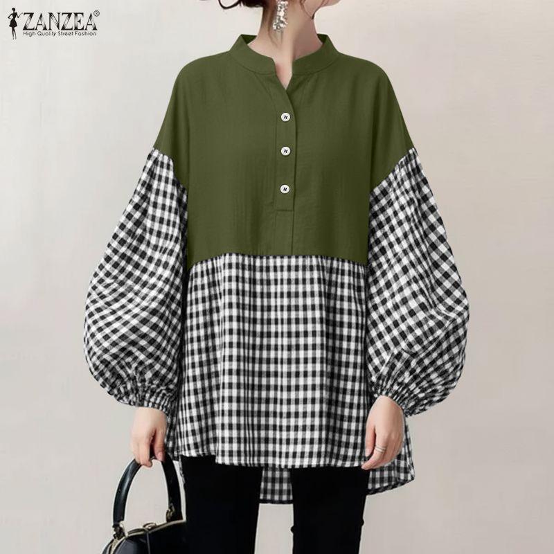 ZANZEA Women Plaid Print Splice Long Sleeve Loose Casual Blouse