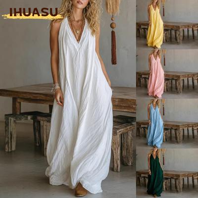 Fashion Summer Spring Solid Color Print Sleeveless V-Neck Casual Dresses Unique Design