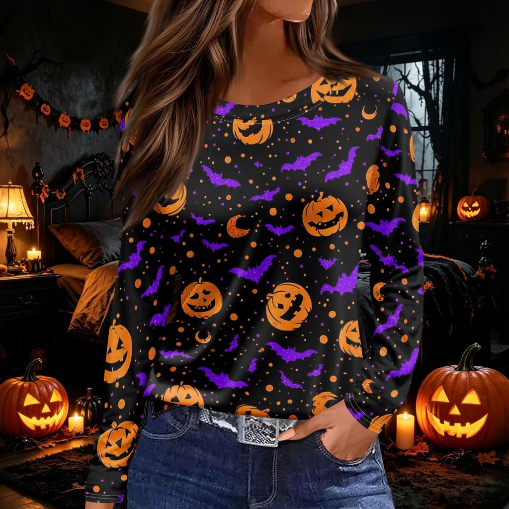 Women's Halloween Print Long Sleeve Top with Side Slit Round Neck for Casual Everyday Wear