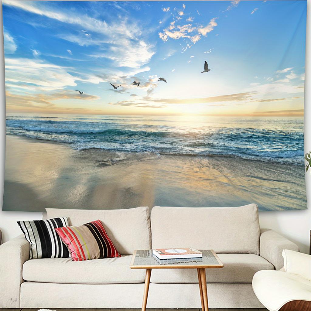 2D FlatA Large linen Tapestry Featuring a Beach Landscape Suitable for Home Decor No Installation Required