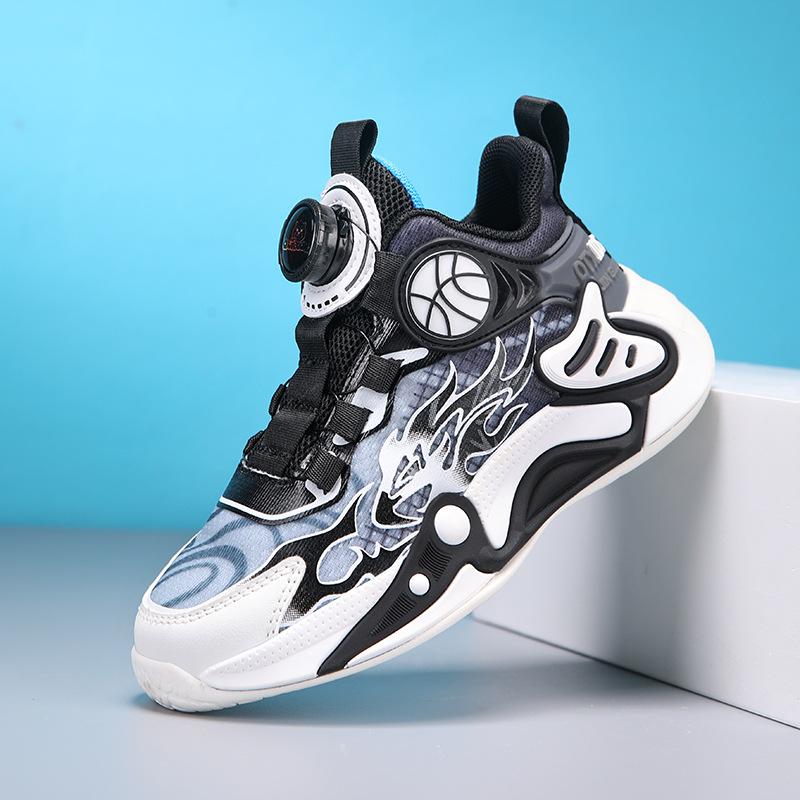 Boys shoes spring and summer children's sports shoes non-slip breathable mesh basketball shoes rotating button middle and older children's runni
