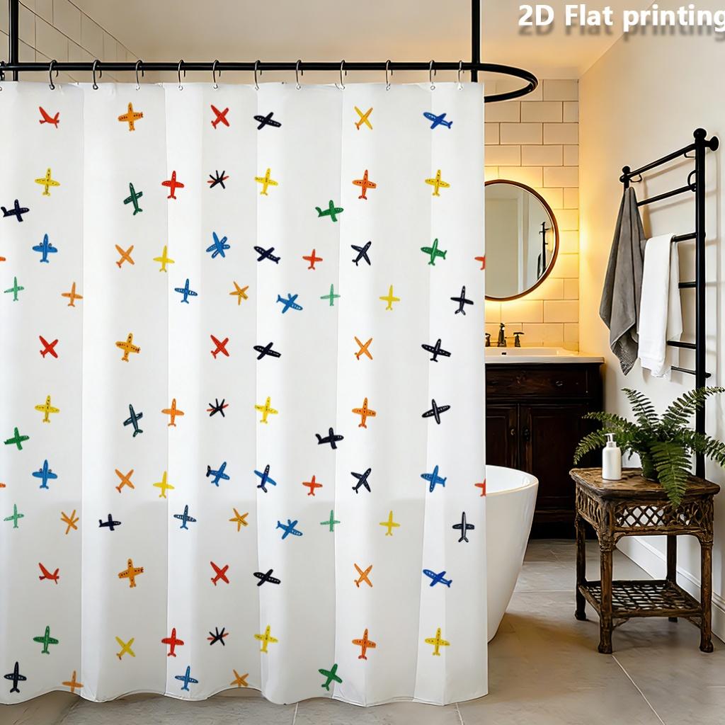 Colorful Retro Airplane Shower Curtain – Multicolor Planes & Stars, 2D Flat Print, Polyester, 70.8"X70.8"Inches