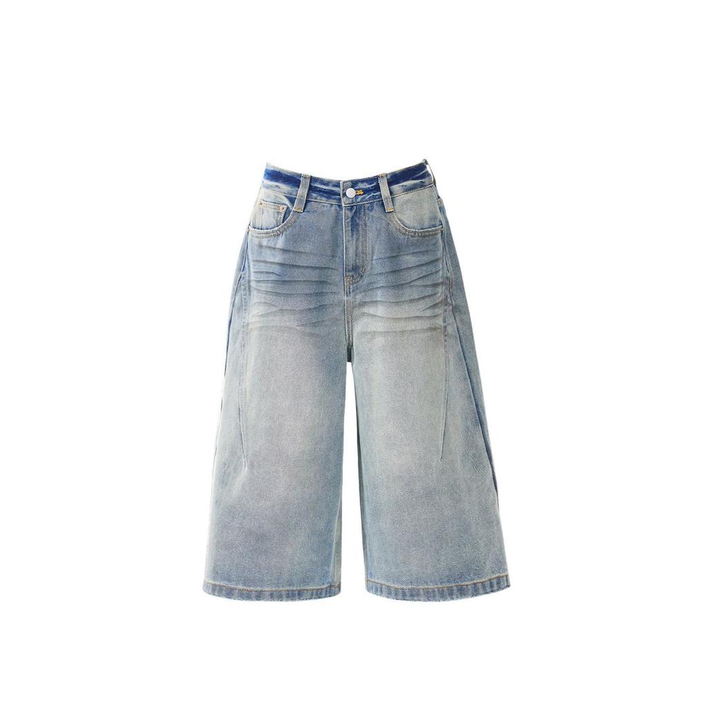 Fashion Summer Vintage Washed Distressed Loose Cropped Capri Denim Pants For Women Trendy Versatile Loose Straight Slimming AllMatch Casual Bottoms