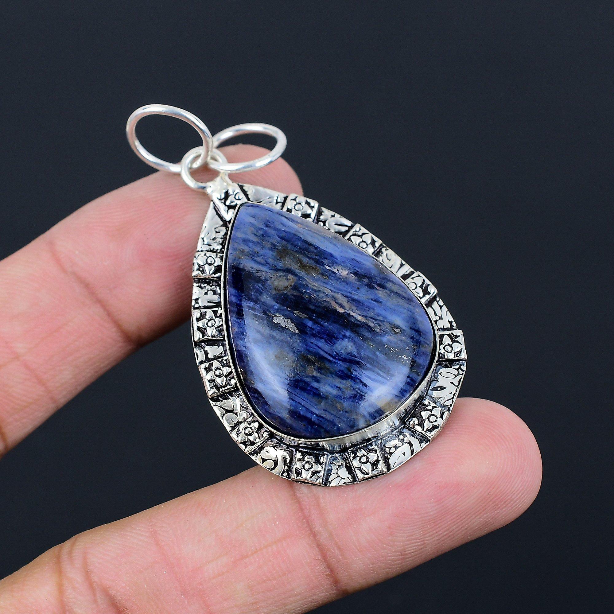 Pear Sodalite Gemstone Sterling Silver Bezel Boho Sister Engagement New Pendant