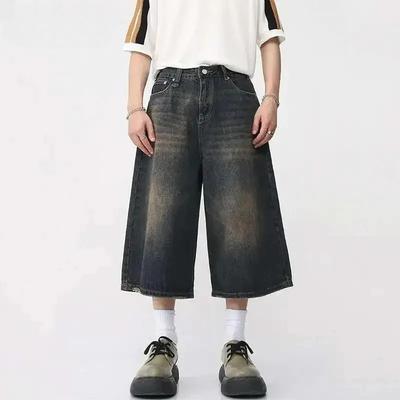 BeatStreet Koreanischer Stil Vintage Herren Jeans Sommer Locker Männlich Weites Bein Knielang Shorts Neue Gewaschene Mode Kurze Jeanshosen