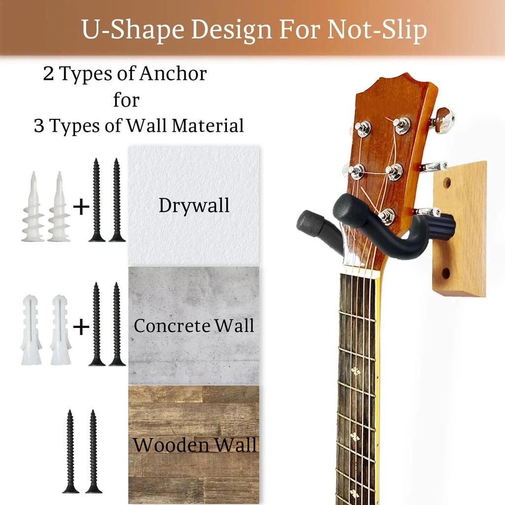 Guitar Wall Mount 2 Pack, Ash Hardwood Guitar Hanger, U-Shaped,Guitar Holder Hook Stand Wall for Acoustic, Electric Guitar, Banjo, Bass
