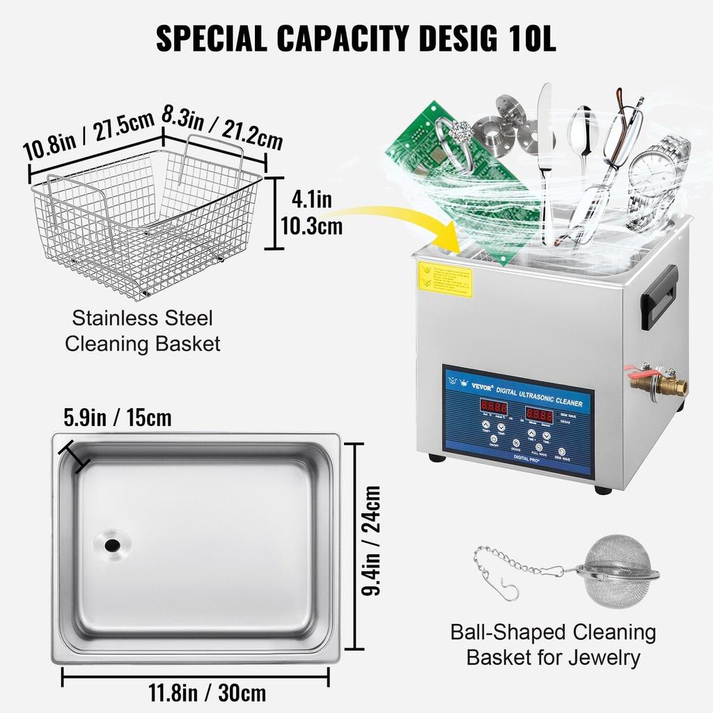 10L Ultrasonic Cleaner Dual Frequency Ultrasonic Cleaning Machine with Heater Jewelry Cleaner for Parts Jewelry Eyeglass Ring Denture Record Circuit