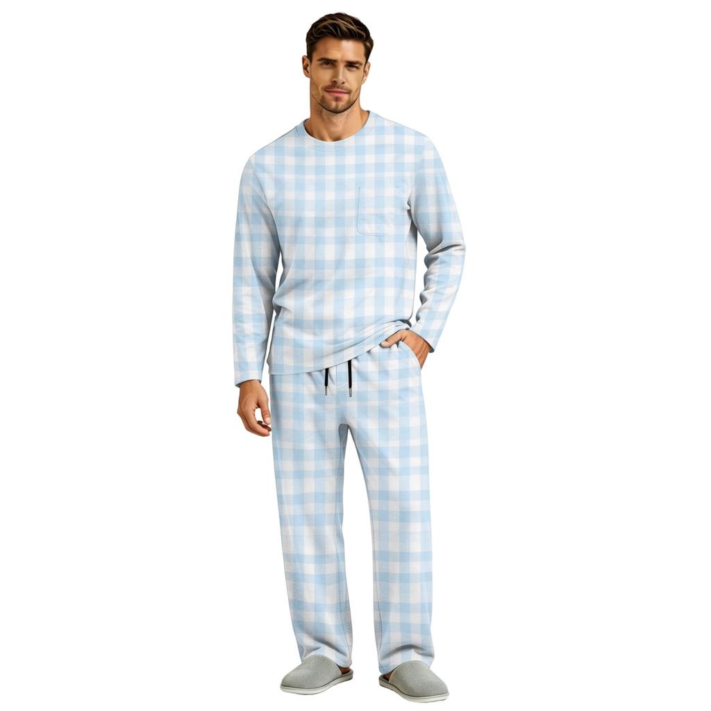 Men's Pajama Set Long Sleeve Top and Long Pants with Button Crotch and Elastic Drawstring Waist for Home Loungewear
