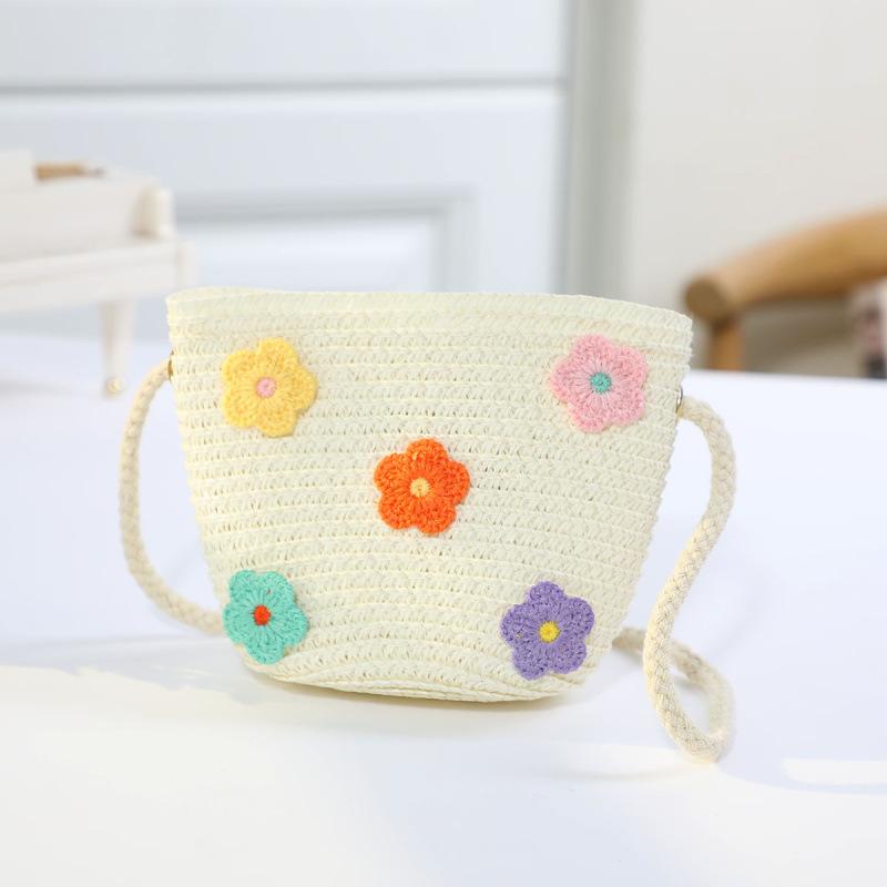 Borsa in paglia con cerniera e fiore per bambina, simpatici accessori per foto, borsa a tracolla intrecciata a mano per bambini, cestino portaoggetti, portamonete, borsa a tracolla