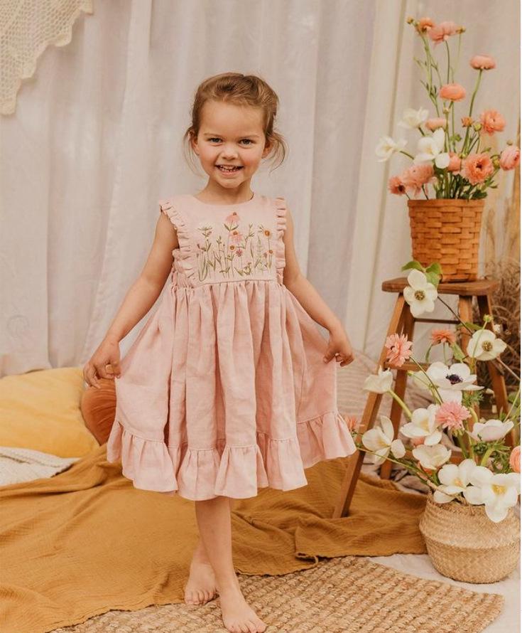 Girls' Summer Pastoral Style Ruffled Sleeve Embroidered Floral Dress