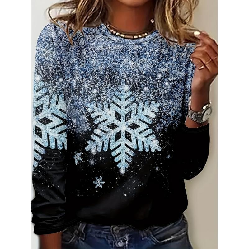 Camiseta de manga larga con cuello redondo y estampado 3D de copos de nieve con temática navideña, ropa de moda para mujer, ropa informal Y2K, ropa Harajuku para mujer