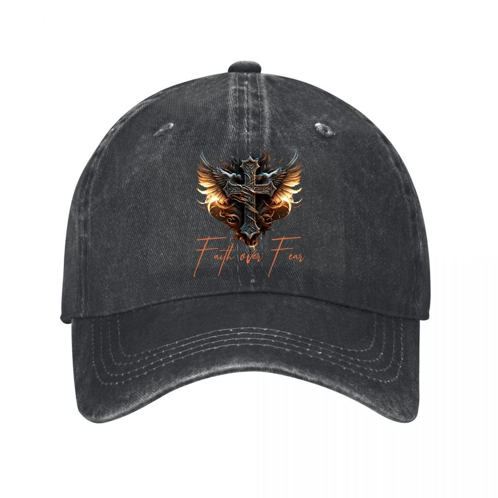 Metal Cross Eagle Wings Faith Over Fear Wall Decor Washed Baseball Cap Outdoor For Womens Unisex FeUnisex