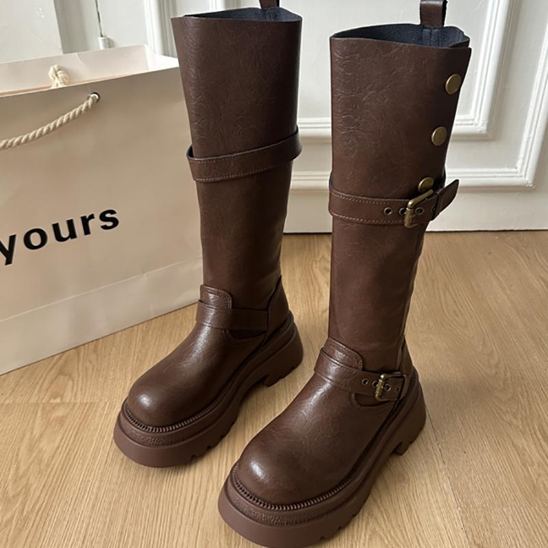 Hot Selling 2025 Vintage Women Knee High Boots Fashion Slip on Ladies Thick Heel Long Knight Booties Autumn Winter Women's Shoes