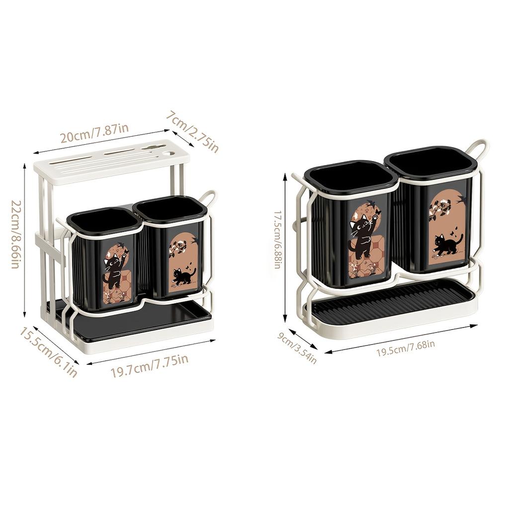 Carbon Steel Kitchen Rack Cat Pattern Counter Storage Detachable Drip Tray Holder Knive Chopsticks Spoons Cooking Daily Utensils