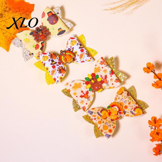 Festival Style Hair Accessories Thanksgiving Turkey Bow Clip for Girls, Decorative Pins, Maple Leaf Pins Double Layer Glitter Clip, Cute Autumn