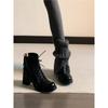Cowhide version~ retro round head high-heeled Martin boots thin thick heel lace-up short boots rear zipper thin boots