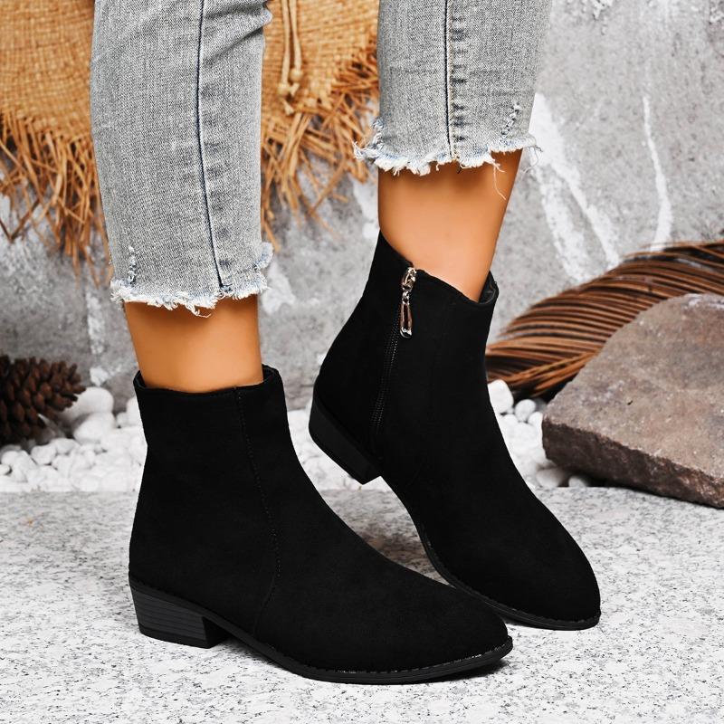 Foreign Trade New Pointed Short Tube Side Zipper Martin Boots Women's Cross-border Large Size Fashion Medium Heel Thin Bare Boots