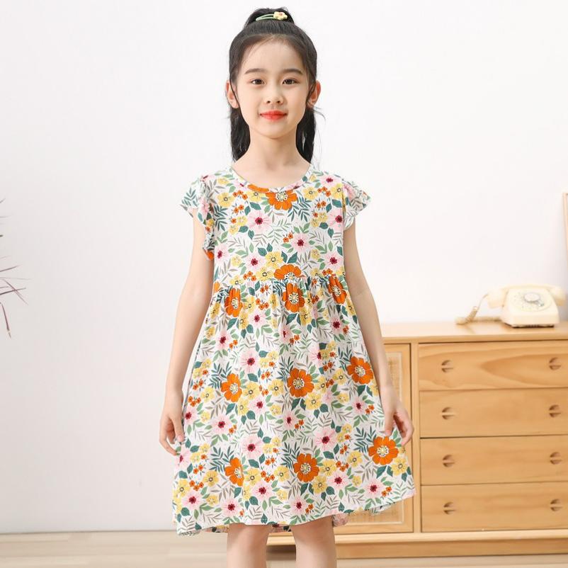Girls' Cotton-padded Fly-sleeved Dresses, Big Children's Printed Floral Skirts, Back Straps, and Beach Skirts