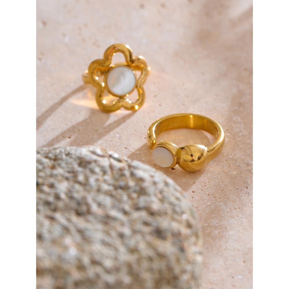 Eetit Trendiger Verstellbarer Edelstahl Blumen Muschel Offener Täglicher Ring 18K Vergoldet Anlaufbeständig Neuheiten Schmuck