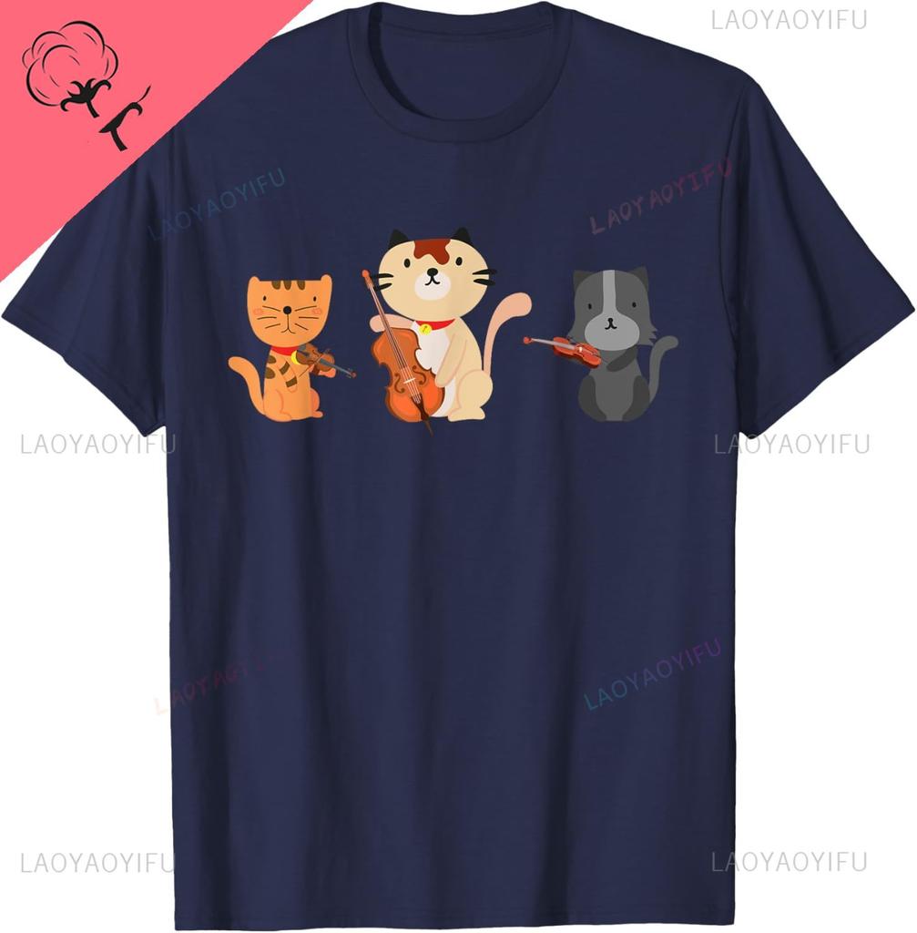 Cats Playing Violin Cello Cat Lover Violinist Cello Player TShirt Kawayi Couple Cotton Unisex Summer Streetwear Tops Camisas