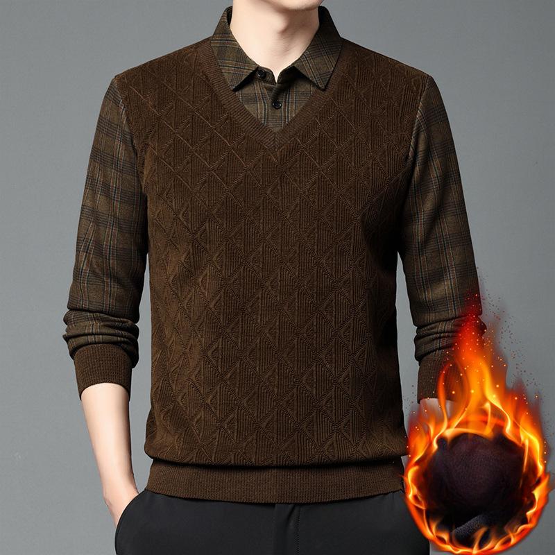 Fejk tvådelad pappaoutfit plus sammetstjock tröja för män vinter ny affärsmässig avslappnad varm och kall stickad bottenskjorta