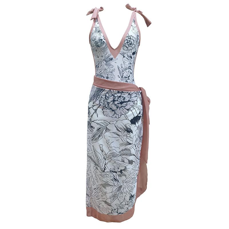 TS JYL-BK013 Retro Print Swimsuit With Chiffon Cover, Elegant Two-Piece Beach Swimwear Set