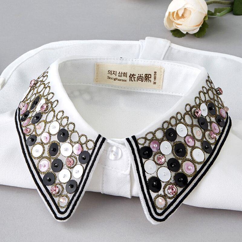 Elegant Sequined Fake Collar Shirt Women Blouse Half Shirt Beaded False Collars Woman Detachable Removable Faux Col Neckwear Tie