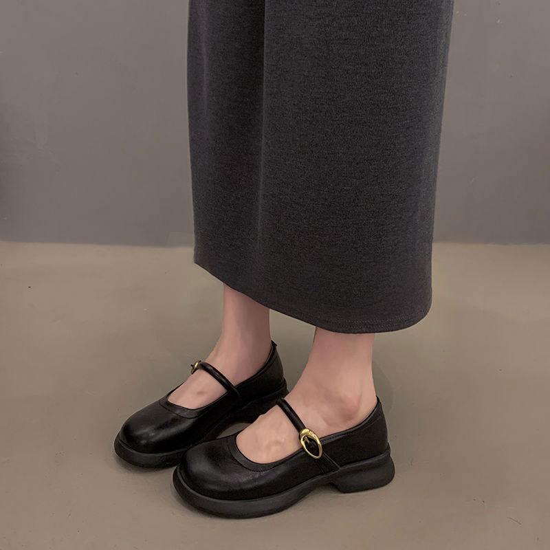 One Word with Shallow Mouth Single Shoes French Retro Mary Jane Women's Shoes 2024 Autumn New Models with Skirts Gentle Small Leather Shoes