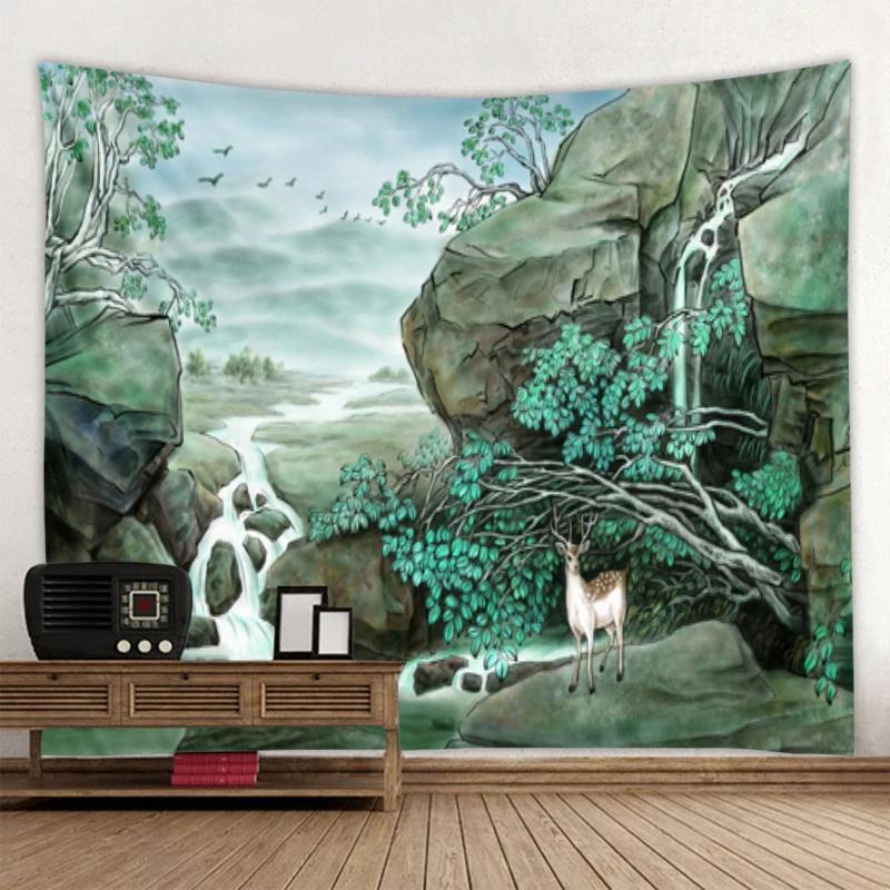Beautiful Mountain Landscape Ink Painting Tapestry Art Decor Blanket Curtain Hanging At Home Bedroom Living Room Decoration