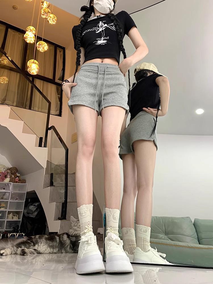 2025 Women's Summer High Waist Slimming Loose Straight-Leg Drawstring Shorts - Black Casual Versatile Sportswear