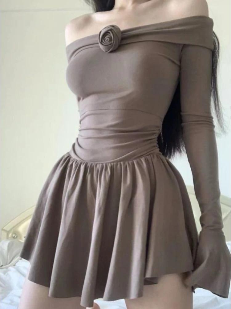 

Осеннее черное винтажное милое платье Y2k, женское сексуальное мини-платье с цветочным принтом, женское корейское модное облегающее шикарное вечернее платье 2024 года, новое XL коричневый