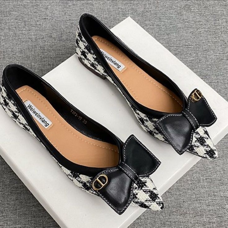 Single shoes women's pointed head flat bottom new thousand bird grid bow temperament lady shoes versatile soft sole ladyshoes