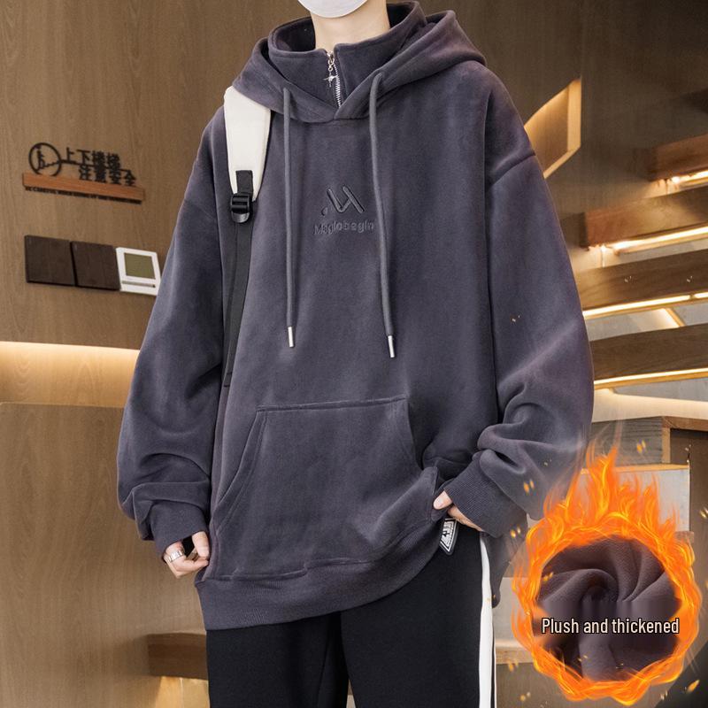 Men's 2025 Style Double-Sided Fleece Hoodie, Thickened Inner Layer, Solid Color, Trendy Winter Outerwear for Teens with Hood