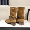 New Women's Shoes Niche Retro Hand Stitching Thick Heel Round Head Straight Boots Metal Belt Buckle Thick Heel Knight Boots