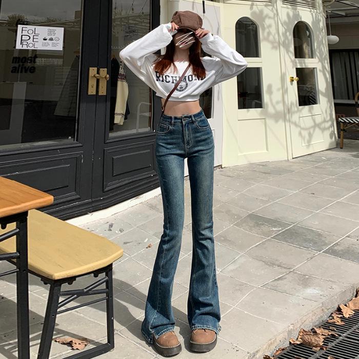 

Merade High-Waisted Flared Split Jeans for Women – Soft, Comfortable Fabric with Leather Patch, Retro American Design. S