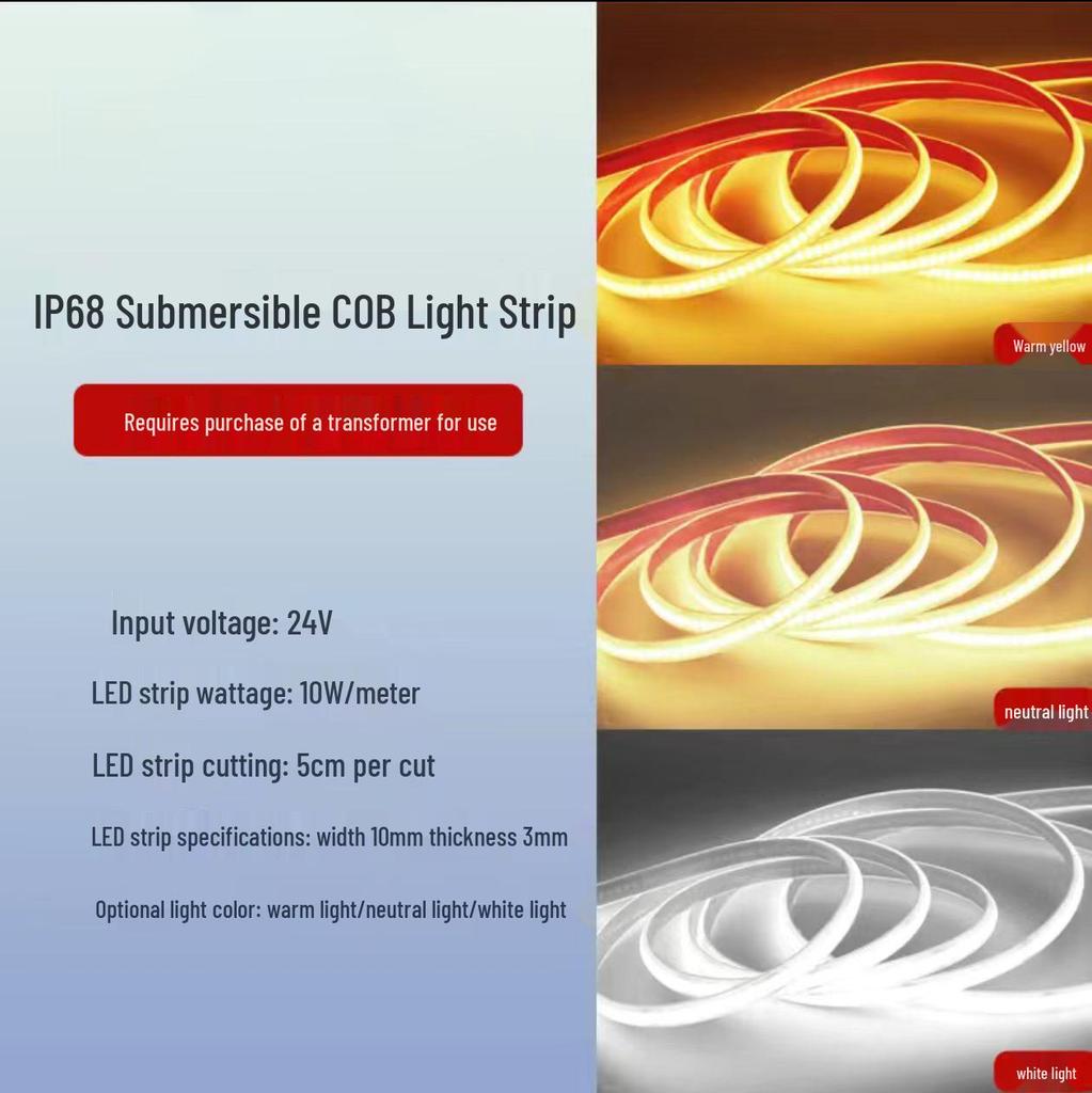 Wasserdichtes Niedervolt IP68 Silikon COB LED Streifenlicht 24V/12V, Unterwasser tauchfähig, Selbstklebend, Flexibel für den Außenbereich.