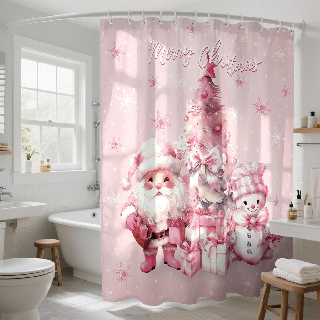 1pc Pink Merry Christmas Santa Claus Print Waterproof Shower Curtain Partition Privacy Hanging Curtain 12 Hooks Multiple Sizes