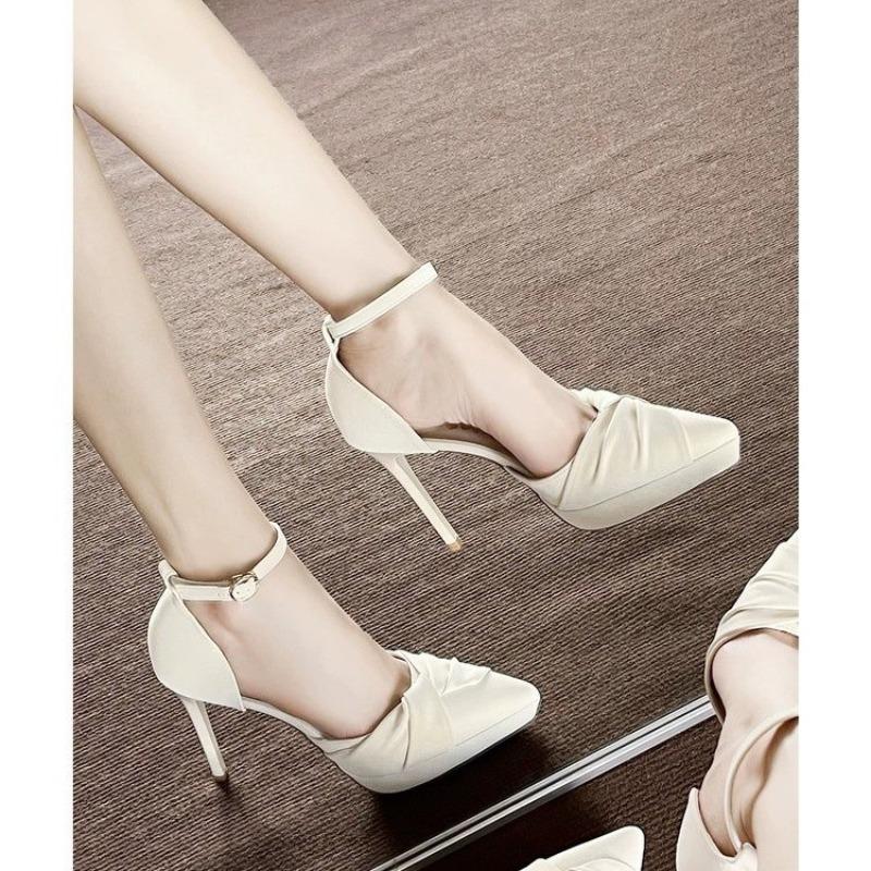 Fashion 2025 Summer New French High-end Platform High Heels Women's One Strap Pleated Design Stiletto Sandals