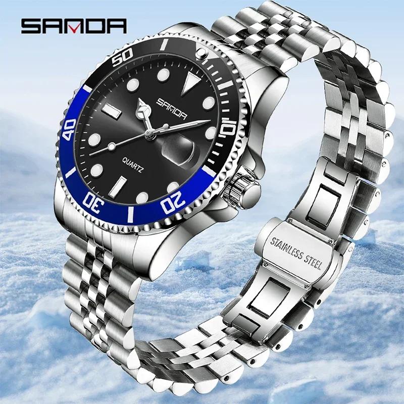 SANDA Top Brand New Business Man Quartz Watches Rotating Bezel 50M Waterproof Night Light Calendar Fashion Men's Wristwatch