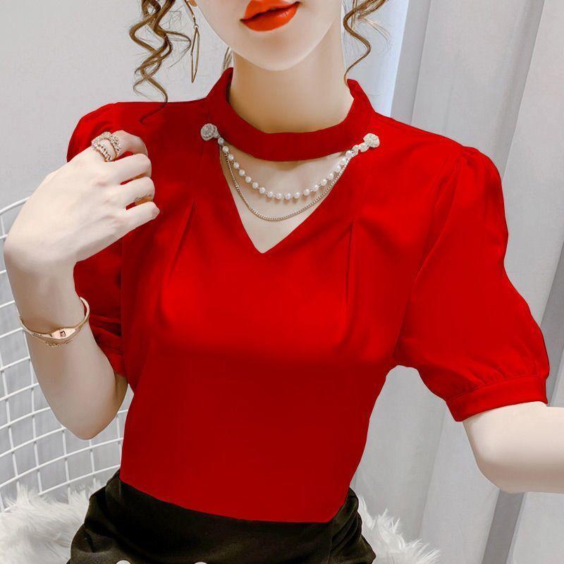 Women Summer Style Blouses Shirts Lady Fashion Casual Puff Short Sleeve O-Neck Solid Pearl Blouses Tops