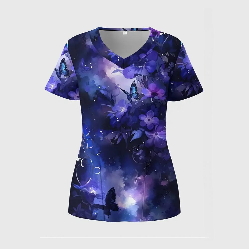 Clinical Uniform Woman Elegant Butterfly Print Summer Microelastic V-Neck Health Care Fashion Short Sleeve Tops Medical Clothes