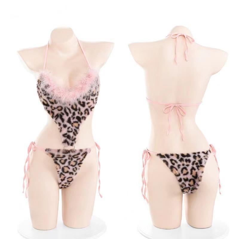 Three-point Sexy Women's Robe Cute Leopard Print One-piece Suit Passion Role-playing Suspenders