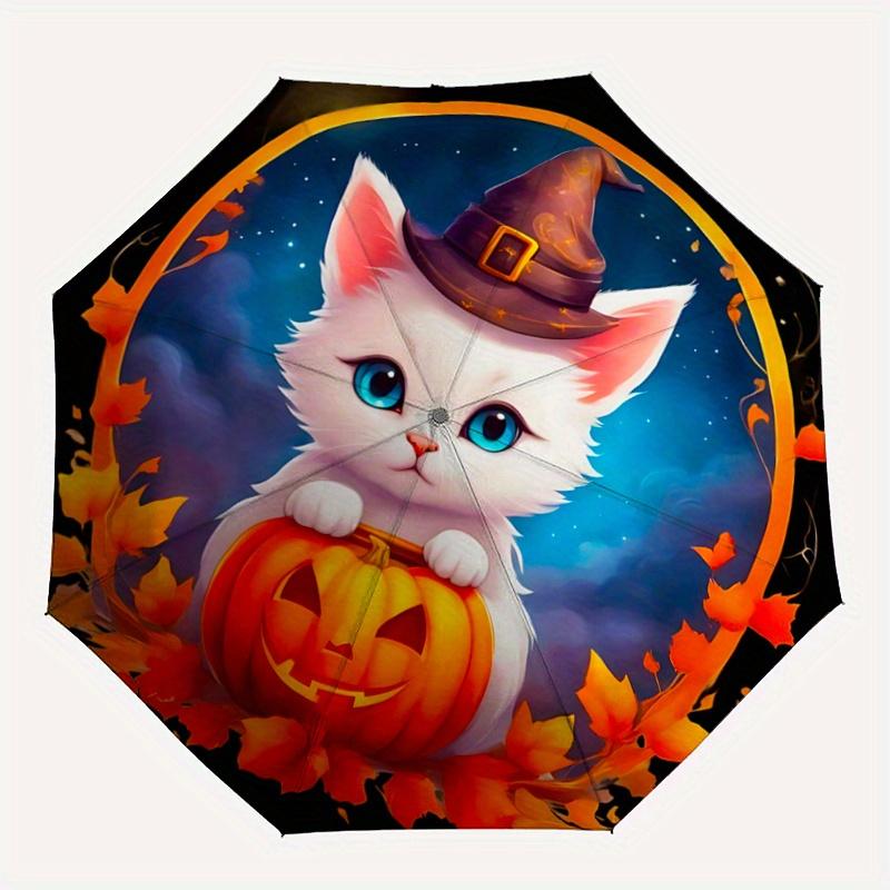 1pc Halloween Cute White Cat Pumpkin Automatic Opening and Closing Folding - A Good Choice for Gifts, Fashionable and Convenient Umbrella With Cu