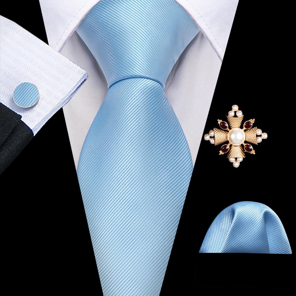 Pearl Brooch with Silk Tie for Men Vintage Floral Teal Necktie Hanky Cufflinks Gift Formal Set