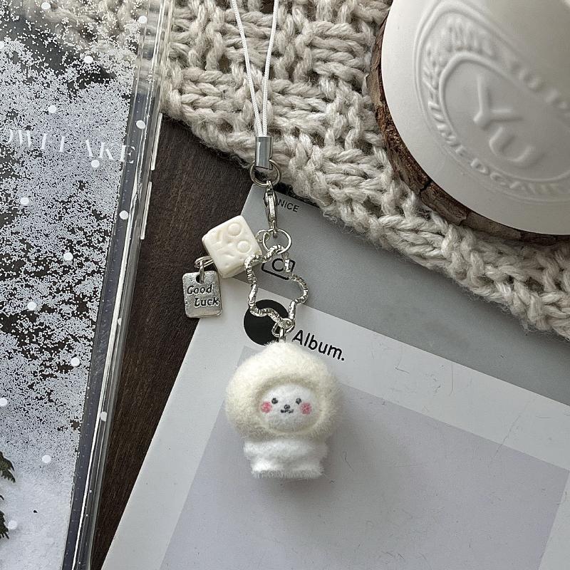 Cute Cartoon Flocking Little Bear Keychain Kawaii Pesin Mobile Phone Rope Pendant Backpack Decoration Pendant Accessories Gift