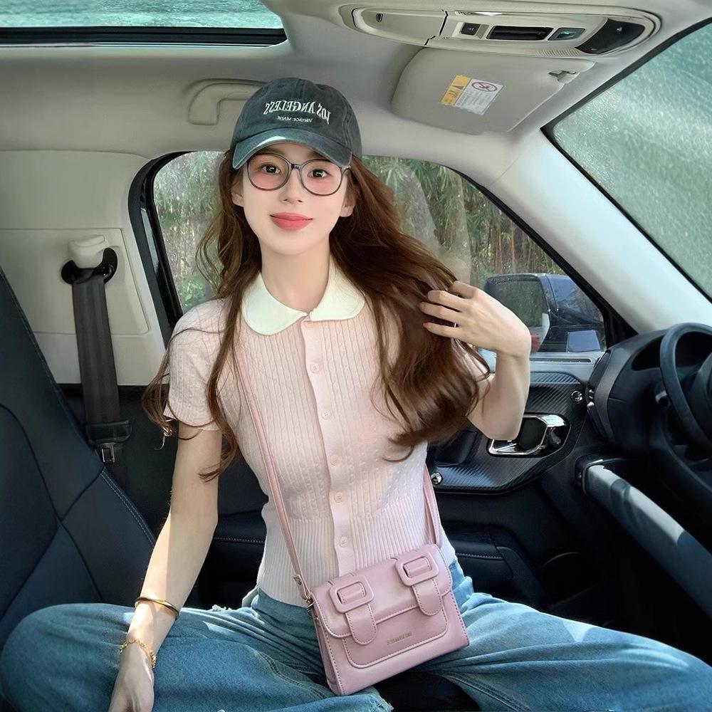 Women's Pink Slimming Petite Polo Knitted Short Sleeve Top - Summer 2025 Collection